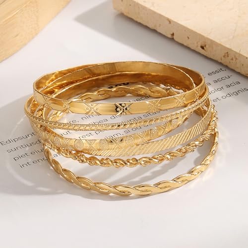 IFKM Gold Chain Bracelets Set for Women, 14K Gold Plated Multiple Layered Stackable Open Cuff Bangle Bracelet Anklet Bracelets Adjustable Link Tennis Beads Italian Cuban Jewelry for Women Gift - style: 6PCS Stack