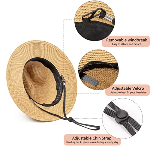 DRESHOW Women Straw Panama Hat Travel Fedora Beach Sun Hat Summer Wide Brim Straw Roll up Hats UPF 50+ - color: Khaki Hat With Cream Band