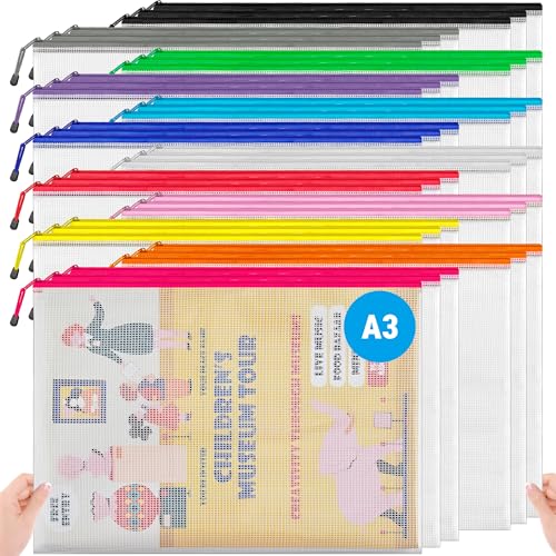 JARLINK A3 (16.5x12.6 in, 36 Pcs) Mesh Zipper Pouch, 12 Colors Extra Large Zipper Bags, Waterproof File Pouches for Office Supplies, Puzzles, Board Game, School, Travel Accessories & Craft Projects - style: 36pcs