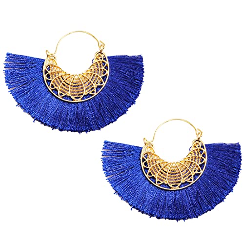 Tassel Hoop Earring Statement Thread Dangle Earrings Stylish Long Fringe Drop Earrings Lightweight Long Swingy French Hook Earrings for Women - color: B Sapphire Blue