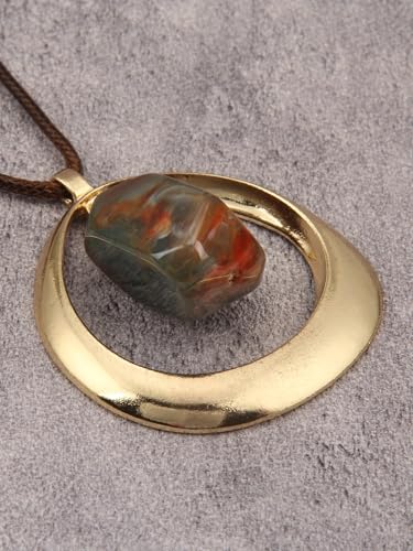 GelConnie Leather Necklace for Women Round Wooden Pendant Long Leather Choker Vintage Sweater Necklace Gold Chunky Boho Necklaces for Women - style: Brown Stone Leather Necklace