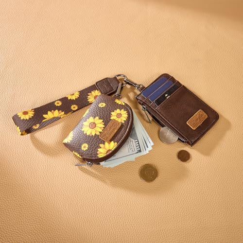 Wrangler KeyChain Wristlet Wallets for Women Sunflower Floral Dual Pouch Wristlet Western Credit Card Holder Wallet with Zipper Pocket - color: Sunflower Coffee