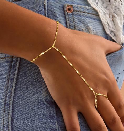 Gold Bracelets for Women Trendy, Dainty Gold Hand Chain Bracelets Stackable 14k Gold Plated Finger Ring Bracelet Hand Chain Cz Flower Layered Link Bracelets for Women Non Tarnish Jewelry Gifts - style: spark hand chain bracelet-gold