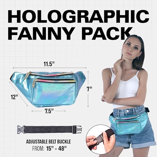 Holographic Fanny Pack Belt bag - Crossbody Waist Bag for Men or Women - Hands-Free, Waterproof Large Bumbag for Hiking, Running, and Travel (Blue Glitter) - color: Glittler Light Blue