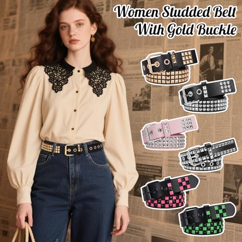 Studded Belt, Metal Punk Rock Rivet belt with Bright Pyramid Studded for Women Men - color: Gold, size: Fit Pant 35-40 Inch