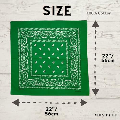 MDSTYLE 100% Cotton Bandana for Men & Women 22" x 22" Paisley Pattern Handkerchief Headband Scarf - color: Green