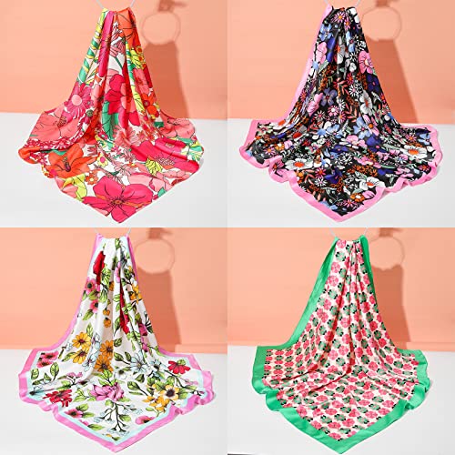 Molans 35" Silk Satin Square Head scarves - 4Pcs Large Scarfs Hair Bandana Head Kerchief Neck Scarf Sleeping Wraps for Women - color: Through Printing