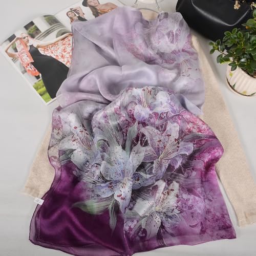 100% Mulberry Silk Women's Neck Silk Scarf-Lightweight Shawl,FLoral Print Beach Silk Wrap-Scarves for Photography - color: Purple Lily