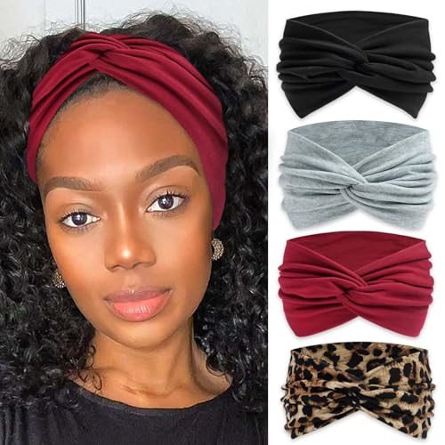 4 Pack Wide Headbands for Women Cute Boho Headband Leopard Knotted Turban Head Bands Hair Wraps Solid Color Head Scarf Fashion Turban Hairband Large Scarf Headband For Women’s Hair Accessories - color: Style 135