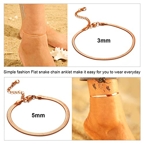 ChainsHouse Ankle Bracelets for Women, Stainless Steel Chain Anklets Waterproof, Women Summer Beach Jewelry Gift, Come with Box - color: 09. 3mm-Herringbone-Rose Gold