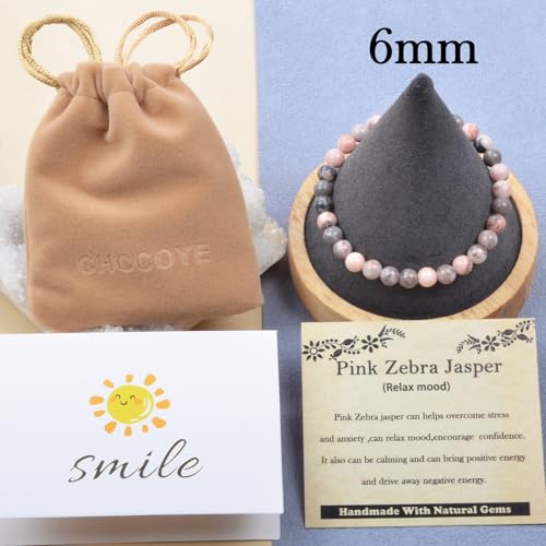 468Handmade Adjustable Natural Gemstone Crystal Bracelet Healing Power Energy Inspirational Gifts with Card for Unisex - color: 07-Pink Zebra Jasper(Relax mood), size: 6mm