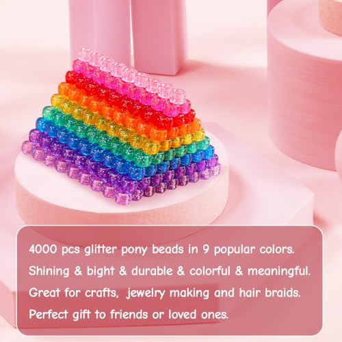 Praisebank Pony Beads, 4000pcs Pink Glitter, Beads for Jewelry Making, Beads for Crafts, Beads for Hair Braids. - color: Pink Glitter