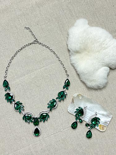 Women Jewelry Set Rhinestone Crystal Bride Statement Choker Necklace Teardrop Cluster Dangle Earrings Set for Wedding Prom Party - color: emerald