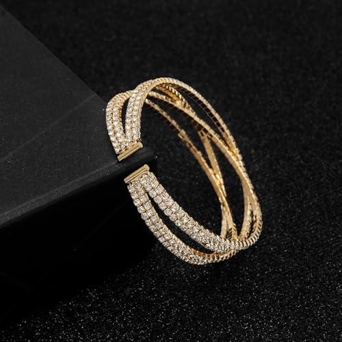 Women's Multi-Layer Rhinestone Cuff Bracelet Sparkling Crystal Tennis Bangle for Bridal Wedding Party - color: 1221 Gold