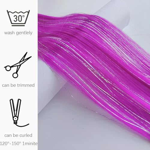 12pcs Clip in Pink Purple Hair Extensions, 22 Inch Rainbow Hair with Silver Tinsels,Colorful Holiday Party Highlights for Women - color: Rose Purple