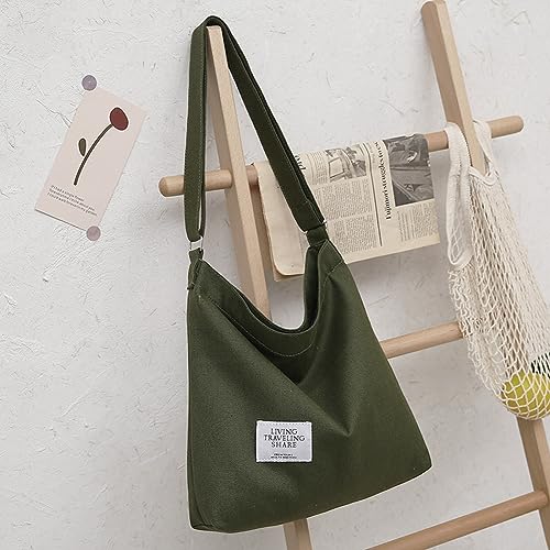 Covelin Women's Retro Large Size Canvas Shoulder Bag Hobo Crossbody Handbag Casual Tote - color: Army Green
