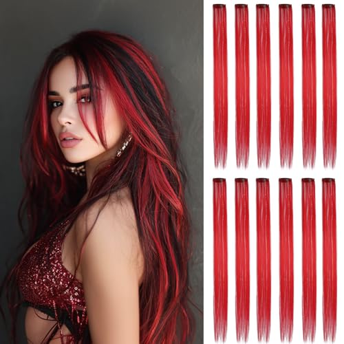 12pcs Clip in Red Hair Extensions, 22 Inch Rainbow Hair with Silver Tinsels, Colorful Holiday Party Highlights for Women - color: Red
