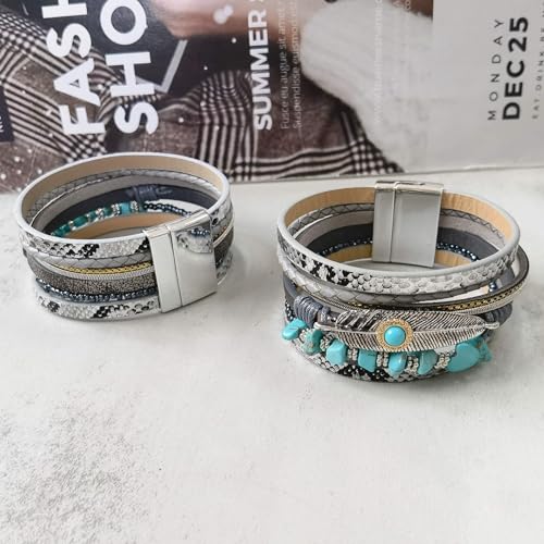 Turquoise Bracelet for Women, Boho Multilayer Leather Bracelet with Feather and Magnetic Clasp, Western Turquoise Jewelry - color: Silver
