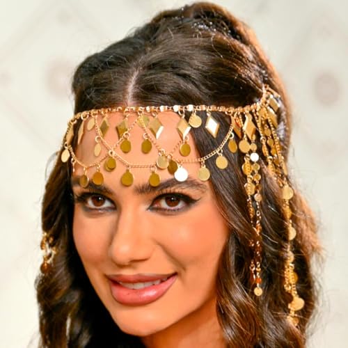 CAKURE Boho Sequin Head Chain Gold Headpiece Chain Forehead Chain Jewelry Festival Halloween Hair Accessories for Women