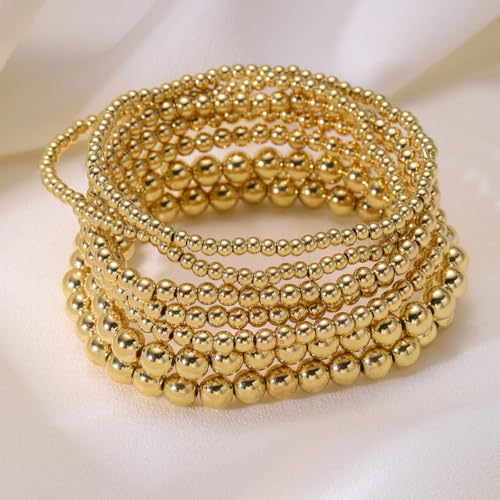 7PCS Layered Beaded Bracelets Set for Women Trendy Stretch Elastic Round Ball Beads Bangles Boho Chunky Gold Stackable Bracelets Dainty Jewelry for Gifts - color: Gold
