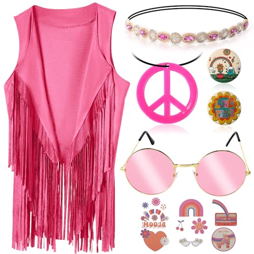60s 70s Outfits for Women Hippie Costume Clothes Set 70s Costume Tops Women Fringe Hippie Vest for Halloween - color: Pink Vest, size: X-Small