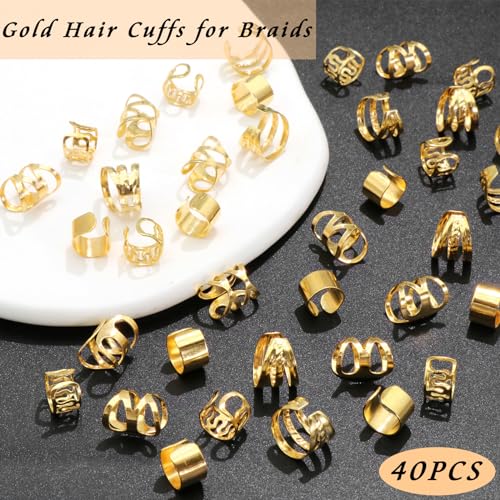 40PCS Gold Hair Jewelry for Braids - Multi Style Cuffs, Rings, Adjustable Beads for Braid Loc Dreadlock Accessories - Women and Girls - color: Silver-6
