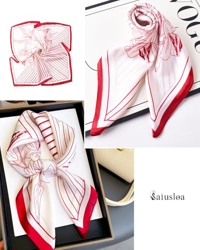 Saiusloa Neck Scarf For Womens Silky Head Scarves Hair Bandanas Square Scarf Fashion Accessories lightweight - color: 32-red and White Stripes