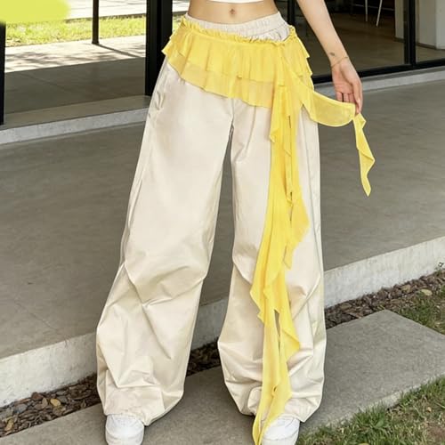 Women Y2K Lace Fringe Hip Scarf Boho Triangle Tassel Waist Cover Up Skirt Wrap Sheer Tie Belt Aesthetic Streetwear - color: B Yellow