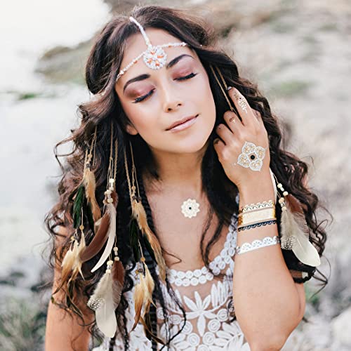 Bencailor 8 Pcs Feather Hair Clips Hippie Handmade Boho Hair Extensions with Feather Clip Comb Braided Beads Headdress Hippie Headpiece DIY Pirate Accessories for Women (Fresh Style)