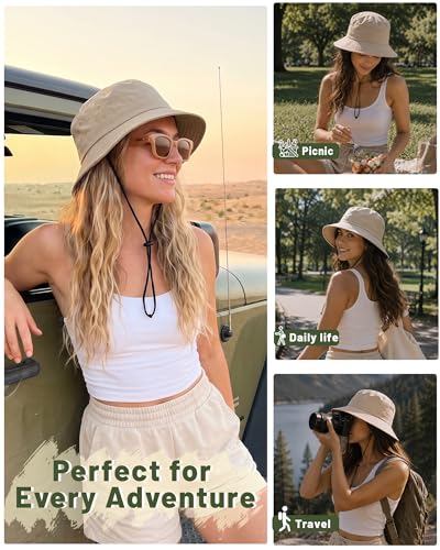 Water-Resistant Bucket Hat for Women Men Rain Hat UPF 50+ Boonie Sun Hat Foldable Summer Floppy Fishing Safari Hats - color: Khaki