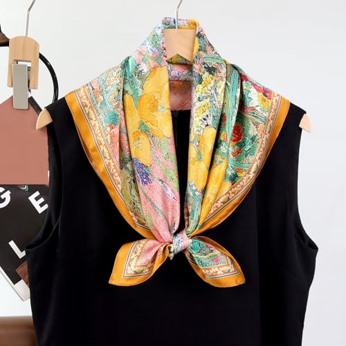 JERLA 100% Pure Mulberry Silk Square Scarf for Hair-27''x27'' Women Men Natural Silk Neckerchief Headscarf - color: Oil Painting Garden