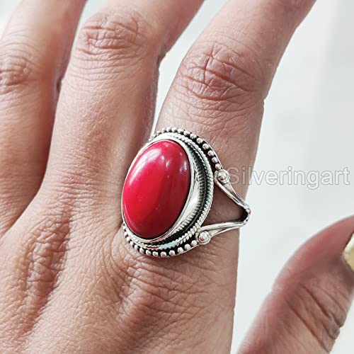 Natural Red Coral Ring, Woman's Coral Ring, Coral April Birthstone, Bohemian Band, 925 Sterling Silver, Womens Ring, Christmas, Thanksgiving, Handmade, Statement Jewelry, Natural Gemstone Ring