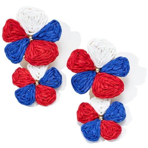 Boho Flower Earrings Statement Raffia Dangle Earrings Cute Floral Jewelry Trendy Summer Beach Vacation Outfits for Women - color: Red/White/Blue