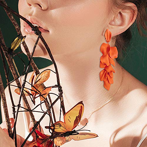 Long Acrylic Rose Petal Earrings Dangle Exaggerated Flower Earrings Drop Statement Floral Tassel Earrings for Women - color: Long Acrylic Rose Petal Earrings-Orange