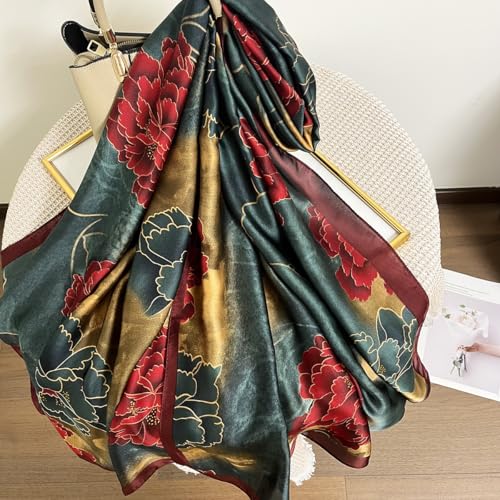 Long Silk Like Scarf Lightweight Satin Scarves Large Sunscreen Shawl Wrap for Women - color: 013.flowers Red and Blackish Green