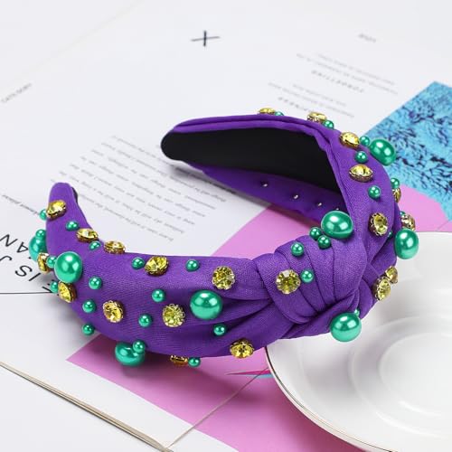 WantGor Pearl Knotted Headband, Women Rhinestone Embellished Hairband Elegant Wide Top Knot Bride Headbands Headpieces Party Fashion Elegant Ladies Hair Band Hair Hoop Accessories (Dark Purple) - color: Dark Purple