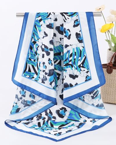 AWAYTR 27.5” Square Satin Head Scarf Hair Scarf for Women's Hair Silk Bandana for Women Silk Head Wrap for Sleeping - color: Cashew Print (Blue)