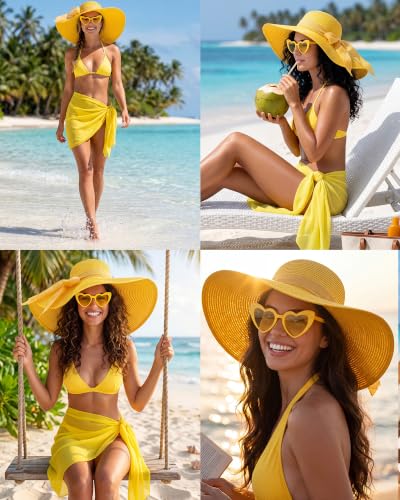3 Pcs Summer Beach Set for Women Wide Brim Straw Sun Hat, Swimsuit Coverup Sarong, Heart Sunglasses - color: Yellow