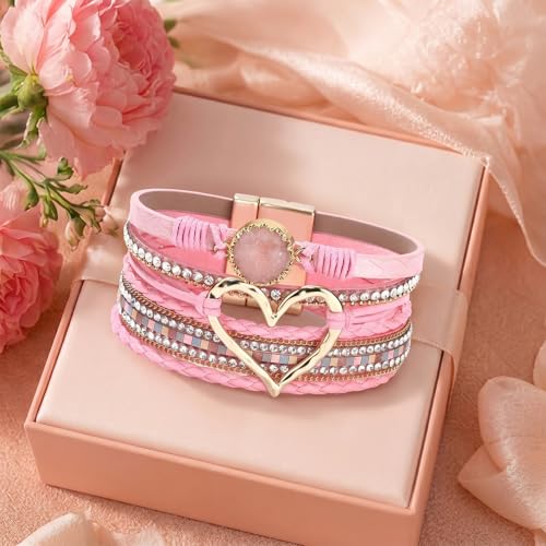 Long tiantian Leather Bracelets for Women Warp Bracelet Stackable Boho Layered Bracelet Chunky Heart Trendy Birthday Gifts for Her - color: B32:Boho Bracelets for Women Stackable(Pink)