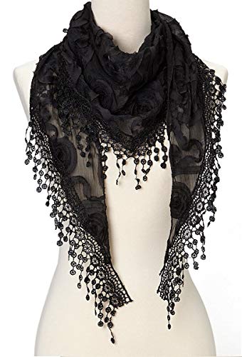 Cindy & Wendy Floral Embroidered Lace Triangle Scarf for Women - color: Black