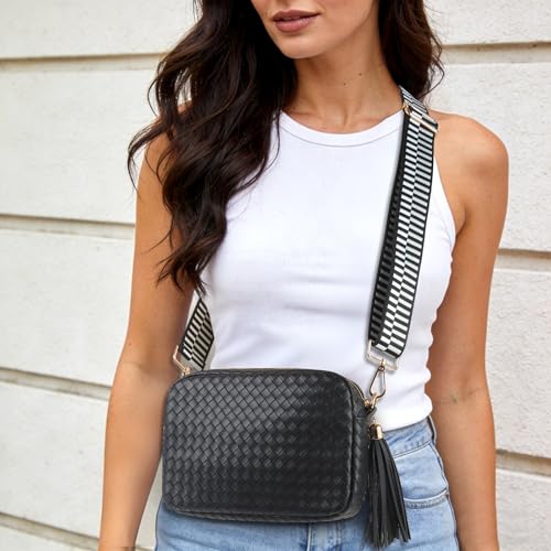 Woven Crossbody Bag Small Crossbody Bags for Women Leather Purse Trendy Boho Shoulder Bag for Women - color: Black