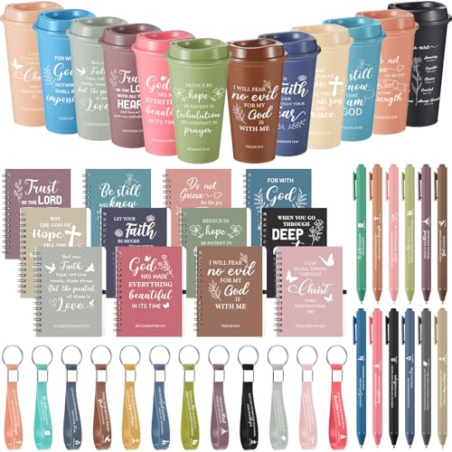 Skylety 12 Set/48 Pcs Christian Gifts for Women Men Religious Gift Set 16 oz Bible Scripture Cups with Lids Mini Spiral Notebooks Pens Keychains for Mother Father Birthday(Morandi Color) - color: Morandi Color