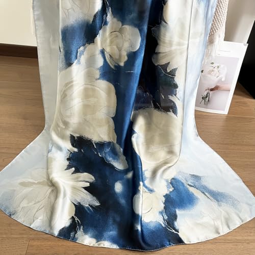 Long Silk Like Scarf Lightweight Satin Scarves Large Sunscreen Shawl Wrap for Women - color: 015.flowers White and Blue