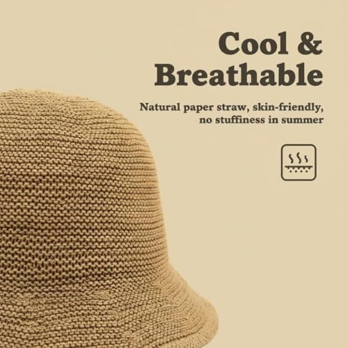 Women Straw Hat Beach Sun Cap Foldable Paper Knitted for Travel Summer Vacation Soft Lightweight Breathable - color: Khaki