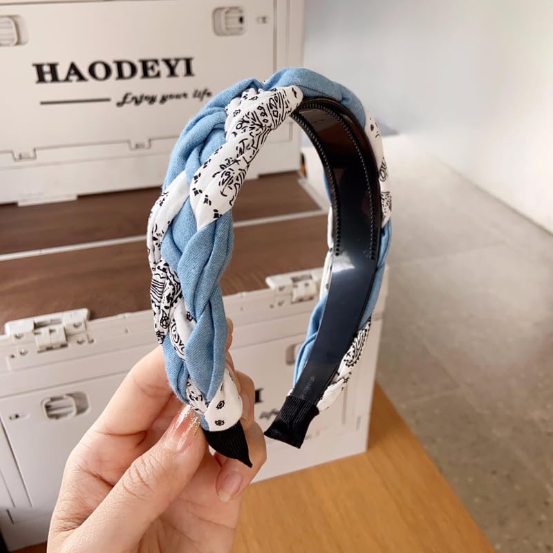 Braided Headband for Women-Vintage Fabric High Crown Headband with Non-Slip Teeth, Cute Boho Knotted Hair Band for Women & Teens (13-Blue White, One Size) - color: 13-Blue White