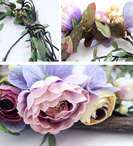 Vivivalue Flower Wreath Crown Boho Flower Headband Hair Garland Floral Headpiece Halo with Ribbon Wedding Party Festival Photos Purple - color: C