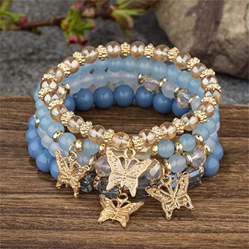 Fuqimanman2020 Boho 4pcs Butterfly Charm Gold Beaded Stackable Stretch Bracelet Set Crystal Butterfly Colorful Elastic Bracelets - color: Blue