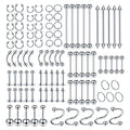 100PCS Piercing Kit Jewelry 14G 16G 20G Nose Rings Lip Studs Tongue Rings Stainless Steel Cartilage Earrings Tragus Eyebrow Industrial Barbell Belly Rings Body Piercing Kit Jewelry - color: silver