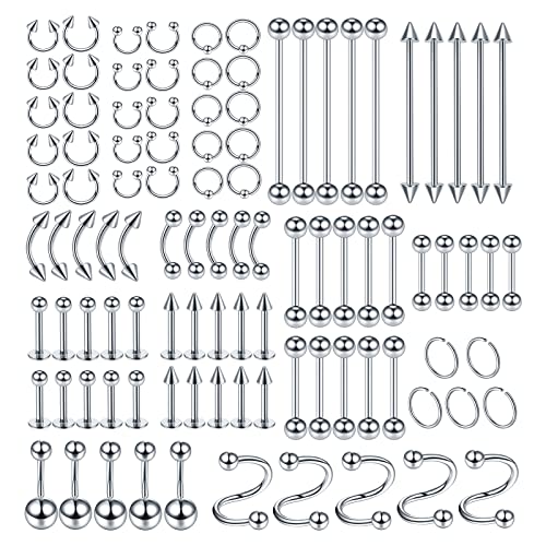 100PCS Piercing Kit Jewelry 14G 16G 20G Nose Rings Lip Studs Tongue Rings Stainless Steel Cartilage Earrings Tragus Eyebrow Industrial Barbell Belly Rings Body Piercing Kit Jewelry - color: silver