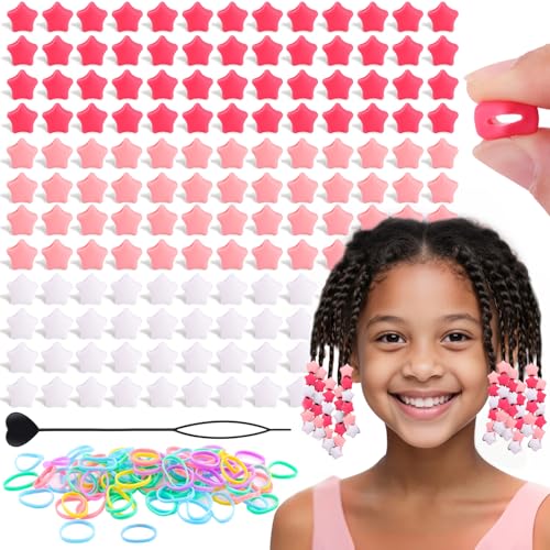 150Pcs Small Star Silicone Hair Beads for Braiding, 5mm hole Soft Pony Beads Bulk, Multi-color Hair Jewerly Accessories Kit with 60 Rubber Bands and 1 Beader for Braids,DIY Bracelets and Crafts - color: Star-Pink Mix-150pcs